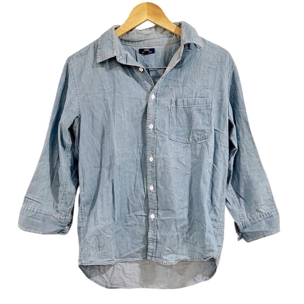 Urban Research ITEMS‎ Blue Chambray Denim Collared Button Up 3/4th Sleeve 38